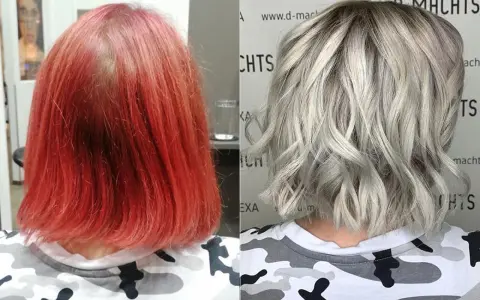Vorher-Nachher-Vergleich: leuchtendes Rot verwandelt sich in stilvolles Blond.