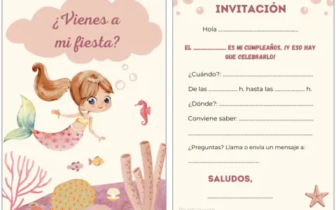 Invitación de cumpleaños infantil gratis con una sirena y temática marina. ¡Ven a celebrar!