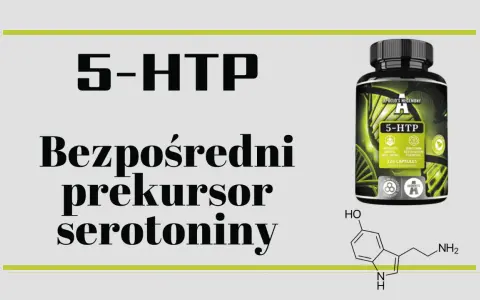 5-HTP, bezpośredni prekursor serotoniny, w kapsułkach. Obok wzór chemiczny.