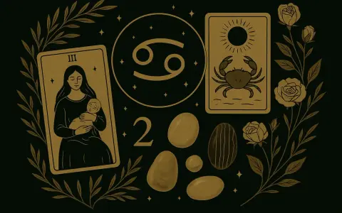 Symbol zodiaku Rak w okręgu, obok karty z krabem i matką z dzieckiem. Jak wygląda znak zodiaku Rak.