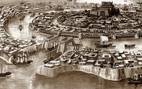 Eine antike Stadt mit Kanälen, Schiffen und monumentalen Gebäuden. Stell dir vor, gab es Atlantis wirklich?
