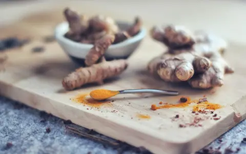 Curcuma fraîche et en poudre sur une cuillère, prête pour le dosage. Idéal pour le bien-être de votre chien.