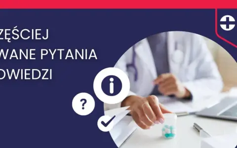 Lekarz w białym fartuchu trzymający pojemnik z lekami, obok ikony informacji i znaku zapytania.