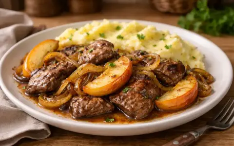 Pyszna wątróbka z jabłkiem i cebulką, podana z purée ziemniaczanym.