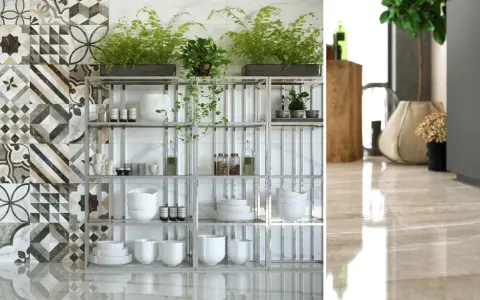 Un angolo cucina con piastrelle geometriche e piante verdi crea un'atmosfera **stile jungle chic**. Scaffali metallici espongono stoviglie bianche e barattoli.