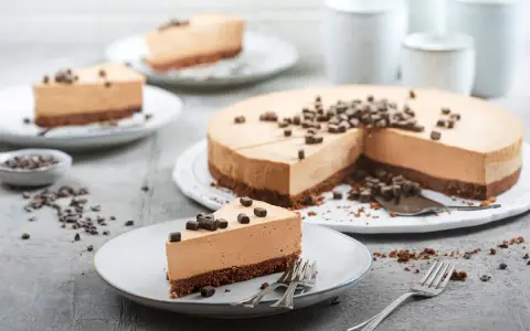 Ein cremiger no bake cheesecake mit Schokoladenstückchen, auf Tellern serviert.