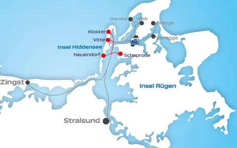 Karte der Insel Rügen und Hiddensee mit Fährverbindungen. Der Hafen Schaprode ist ein wichtiger Knotenpunkt.