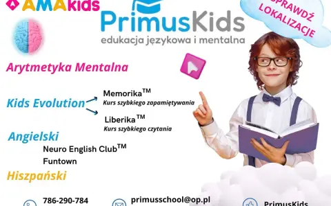 Chłopiec z książką, logo PrimusKids, kursy językowe i arytmetyka mentalna. Sprawdź lokalizacje!