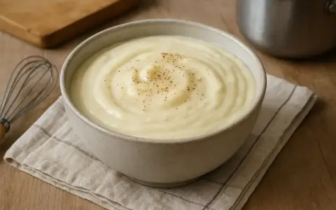 Un bol de béchamel sans beurre, onctueuse et saupoudrée de poivre, prête à être utilisée. Un fouet et une planche à découper sont visibles.
