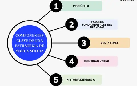 Diagrama de los componentes clave de una estrategia de marca sólida: propósito, valores, voz, identidad visual e historia.