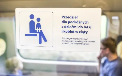 Znak na drzwiach pociągu Pendolino: przedział dla podróżnych z dziećmi do lat 6 i kobiet w ciąży.