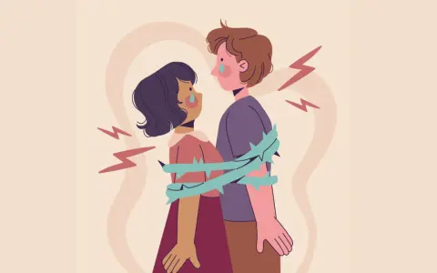 Coppia abbracciata, circondata da spine. Lacrime sui volti, fulmini intorno. Un'immagine che evoca l'ossessione in amore, un legame doloroso.
