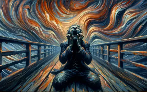 Un homme hurle, mains sur les oreilles, sur un pont. Le ciel tourbillonnant et les couleurs vives accentuent le **tableau la peur** de cette scène.