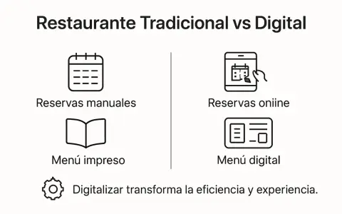 Comparativa de restaurante tradicional vs. digital: reservas manuales/online, menú impreso/digital. La digitalización transforma la experiencia.