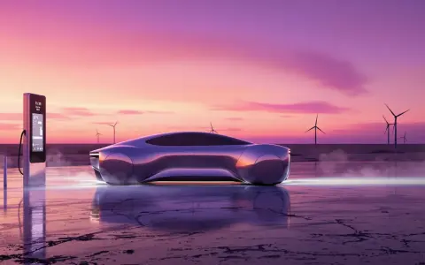 Futurystyczna Tesla przy ładowarce na tle zachodu słońca. Zastanawiasz się, ile kosztuje ładowanie Tesli w domu?