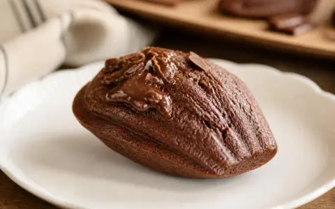 Un biscuit madeleine au chocolat, nappé de glaçage et parsemé de copeaux de chocolat, sur une assiette blanche.