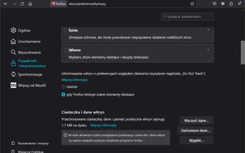 Ustawienia prywatności Firefoksa. Sekcja "Ciasteczka i dane witryn" pokazuje, jak wyczyścić pliki cookies Firefox, dane i pamięć podręczną.