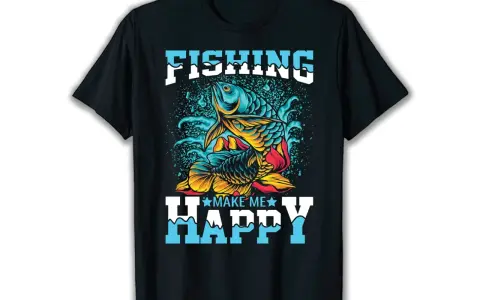 Czarna koszulka z nadrukiem wedkarskim: kolorowe ryby w wodzie i napis "FISHING MAKE ME HAPPY".