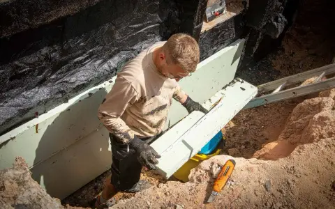 Mann verlegt Dämmplatten für die Kellerabdichtung. Das ist ein wichtiger Schritt, um später Drainage zu verlegen und das Mauerwerk trocken zu halten.