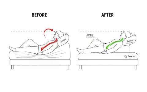 Avant/après : une colonne vertébrale courbée (douleurs lombaires et cervicales) devient droite grâce à l'oreiller Zenpur.