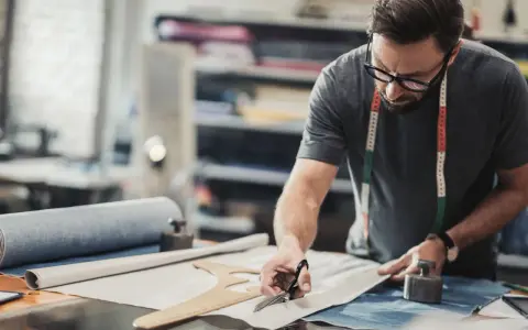 Un artiste textile concentré, lunettes sur le nez, coupe un tissu avec précision dans son atelier.