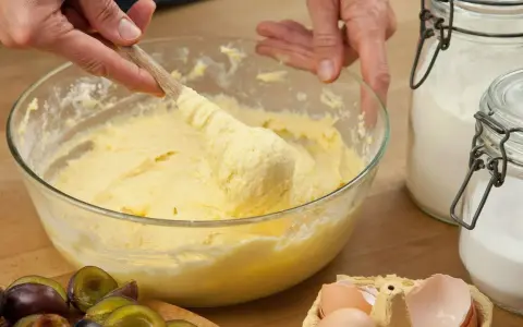 Hände rühren Teig mit Butter oder Margarine in einer Schüssel. Daneben liegen Pflaumen, Eier und Zucker.