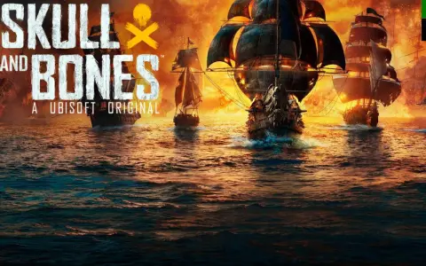 Flota de barcos piratas navega en aguas turbulentas bajo un cielo ardiente. El logo "Skull and Bones" destaca en la imagen.