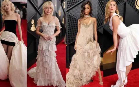 Cuatro mujeres deslumbran en la alfombra roja, anticipando los Grammys 2026 con vestidos espectaculares.
