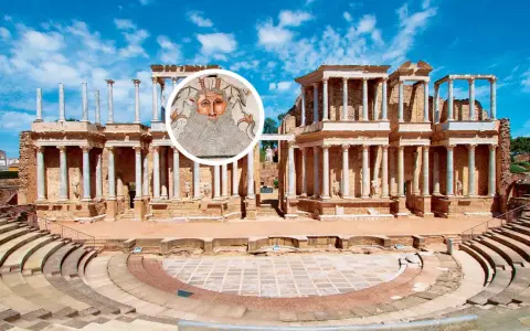 Teatro romano, vestigio de la romanización de la península ibérica, con un mosaico de un rostro barbudo en primer plano.