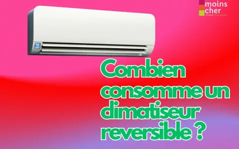 Climatiseur réversible blanc sur fond dégradé rouge et violet. Le texte vert demande : "Combien consomme un climatiseur réversible ?