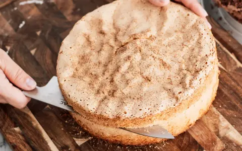 En person skär en fluffig sockerkaksbotten med en kniv. Perfekt för ditt nästa cake recept!
