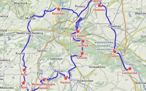 Mapa z zaznaczonymi trasami rowerowymi i atrakcjami. Odkryj magiczne miejsca Kujawsko-Pomorskie: Koronowo, Chełmno, Toruń, Biskupin i inne.