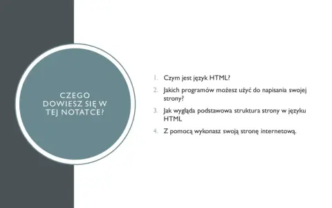 Grafika z pytaniem "Czego dowiesz się w tej notatce?" i listą pytań o HTML.