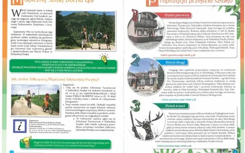 Grupa turystów wędruje szlakiem w Szklarskiej Porębie. Magiczny Szlak Ducha Gór zachwyca przyrodą.