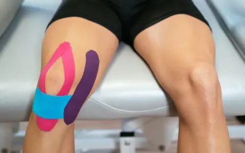 Kolano z kolorowym tapingiem, wspierającym więzadła poboczne.