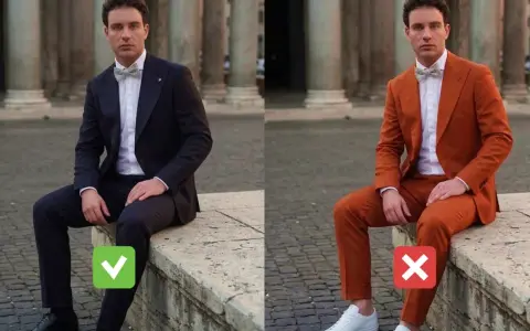 Uomo in abito blu con papillon, approvato per un matrimonio casual. Accanto, lo stesso abito arancione con sneakers, bocciato.