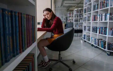 Zamyślona nastolatka w bibliotece, otoczona książkami, odzwierciedla złożoność zachowań nastolatków w okresie dojrzewania.