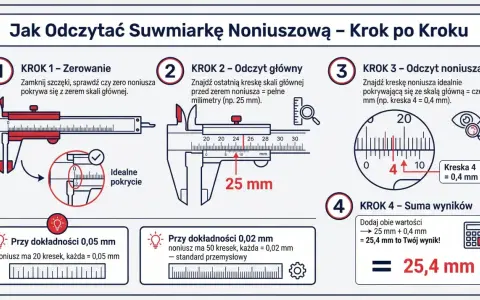 Instrukcja jak mierzyć suwmiarką 0,02 mm. Pokazuje kroki od zerowania, odczytu głównego, odczytu noniusza, aż do sumowania wyników.