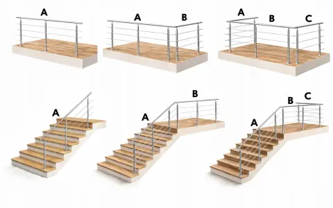 Przykłady montażu balustrady ze stali nierdzewnej na tarasie i schodach. Różne konfiguracje oznaczone literami A, B, C.