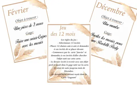 Cartes pour un jeu des 12 mois : Février (trouver 2€, gage : soirée crêpes), Décembre (trouver une montre, gage : raclette party) et règles du jeu.