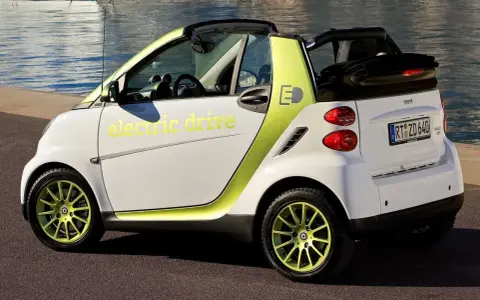 Biały kabriolet z zielonymi akcentami i napisem "electric drive". Idealny samochód elektryczny do 30 tys.