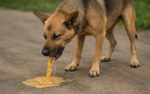 Pies wymiotuje żółtą cieczą. Widać, że pies cierpi, a jego krew w wymiotach jest niepokojąca.