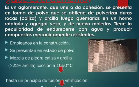 El cemento, un aglomerante de hormigón aluminoso, se crea pulverizando rocas y arcilla, luego se queman y muelen.
