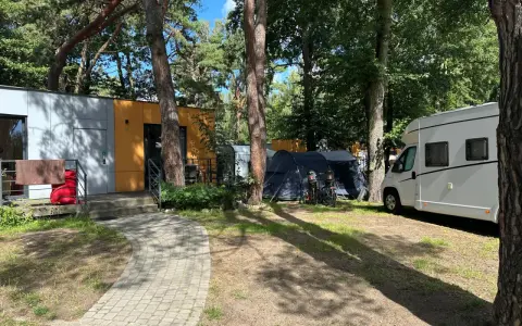 Na kempingu 45, wśród drzew, stoją nowoczesne domki, namioty i biała kamper.
