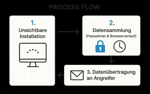 Prozessablauf eines Spyware-Angriffs: Unsichtbare Installation, Datensammlung (Passwörter, Browserverlauf) und Datenübertragung an Angreifer.