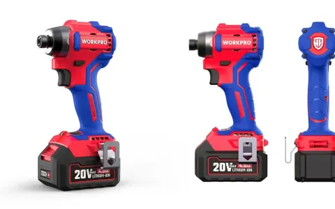 Tres taladros atornilladores inalámbricos Workpro, rojos y azules, con baterías de 20V. Muestran la diferencia entre taladro y atornillador.