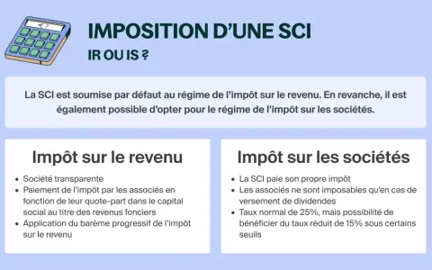 Calculatrice et texte comparant l'impôt sur le revenu (IR) et l'impôt sur les sociétés (IS) pour une SCI.