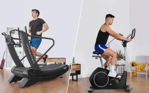 Man running on a treadmill vs. man cycling on a stationary bike. A split image showcasing two popular cardio workouts.