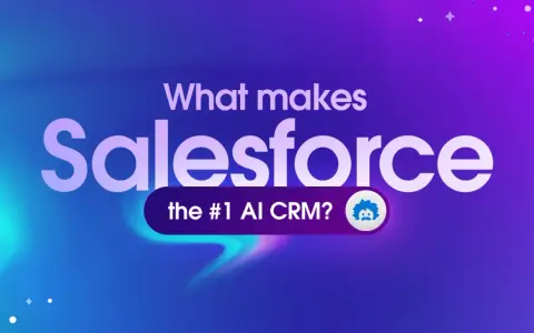El logo de Salesforce, el CRM #1 con IA, se muestra sobre un fondo degradado azul y morado.