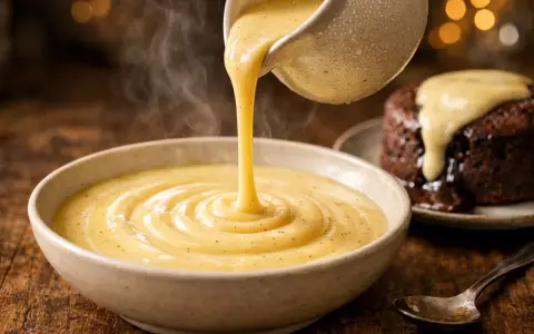 Une sauce crémeuse et fumante, une crème anglaise, est versée dans un bol. Un petit gâteau au chocolat dégouline de cette sauce.